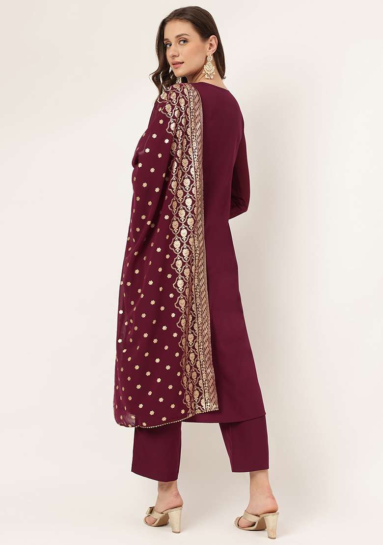 Burgundy Printed Crepe Kurta Set - Indya