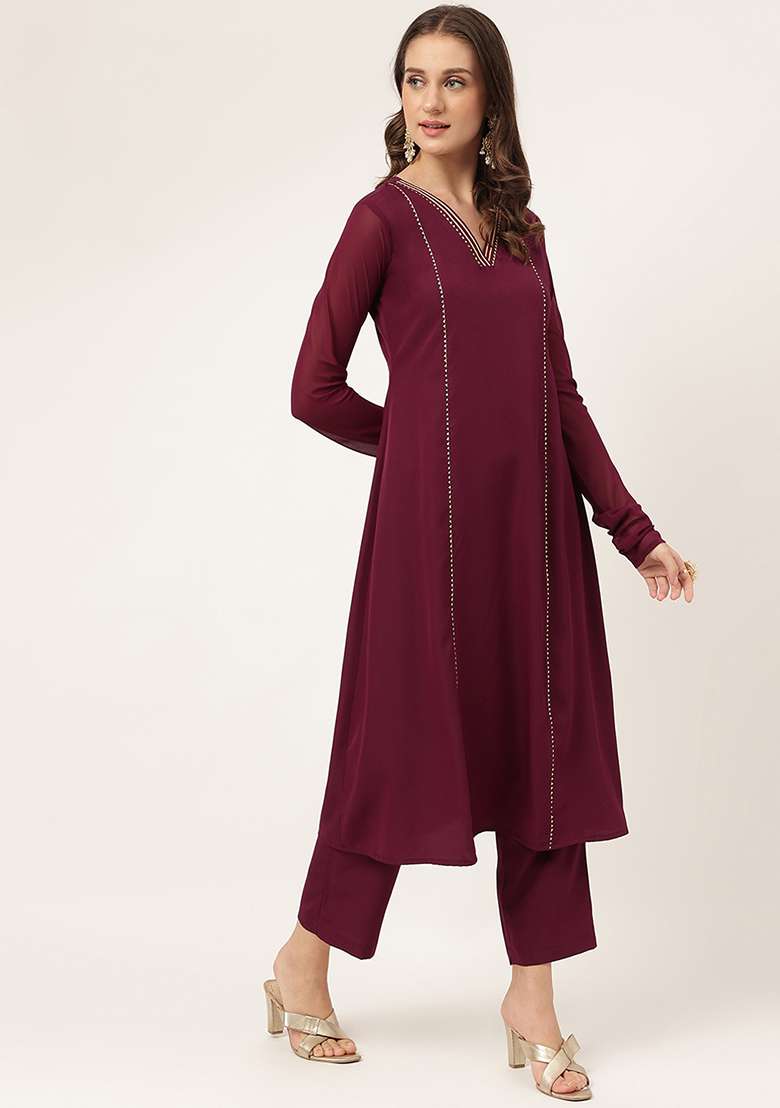 Burgundy Printed Crepe Kurta Set - Indya