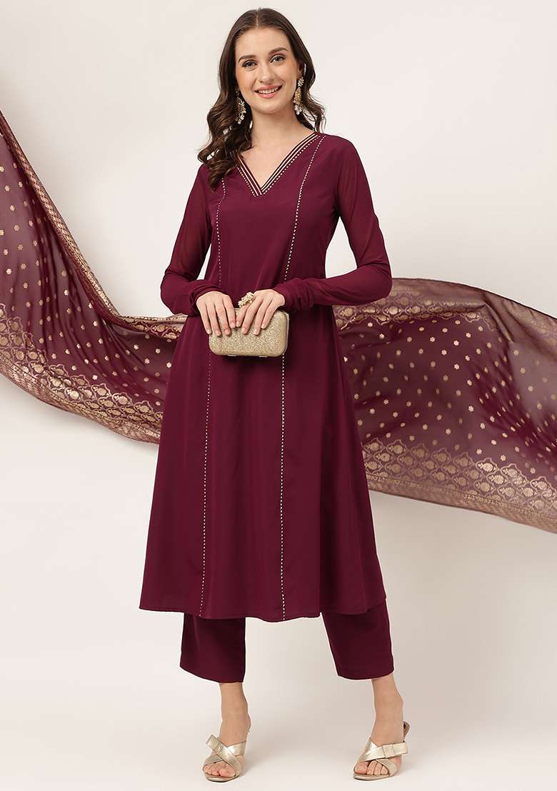 Burgundy Printed Crepe Kurta Set - Indya