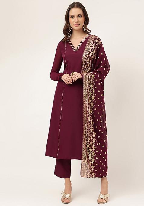 Burgundy Printed Crepe Kurta Set