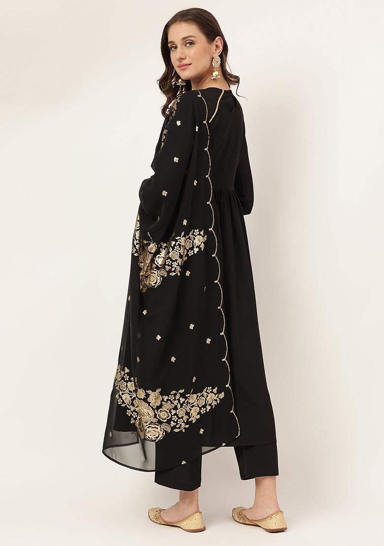 Black Printed Crepe Kurta Set