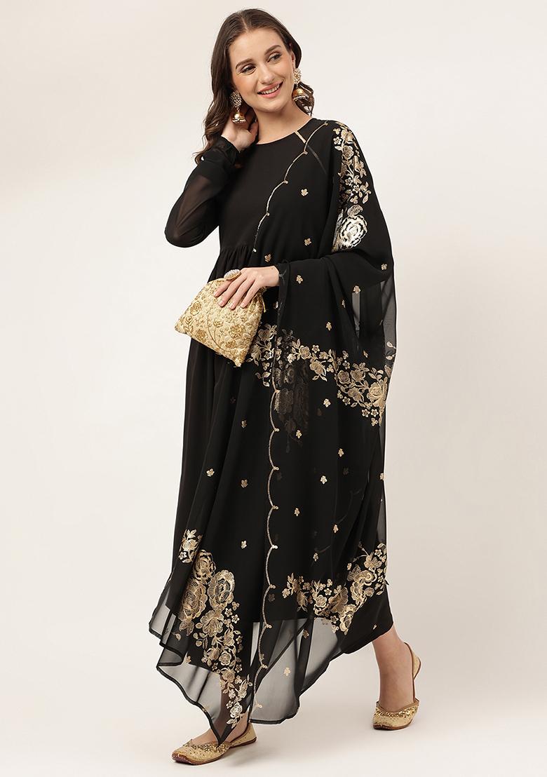 Black Printed Crepe Kurta Set