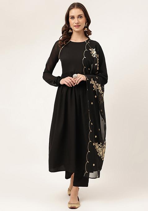 Black Printed Crepe Kurta Set