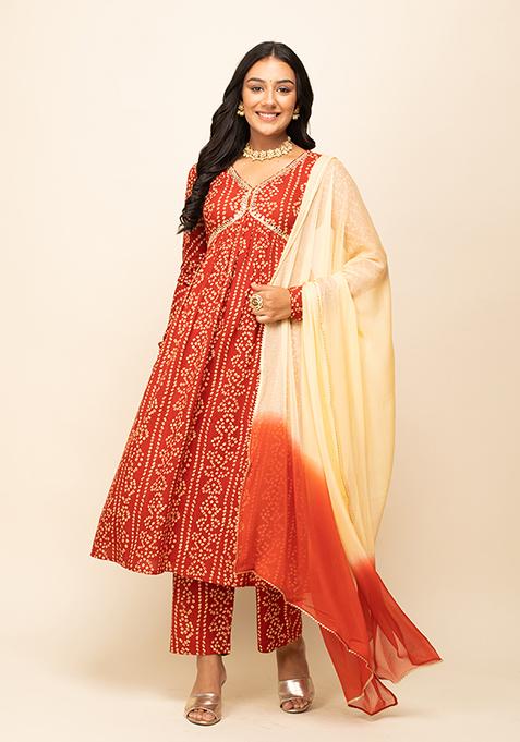 Orange Printed Cotton Kurta Set