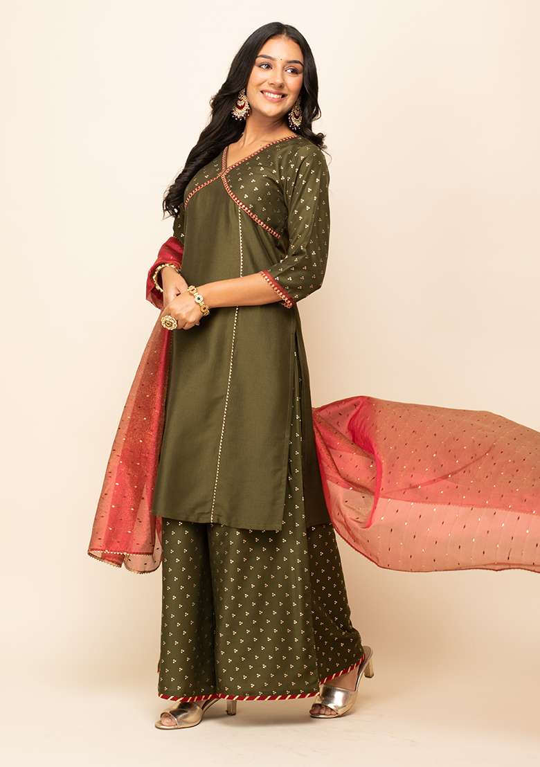 Green Solid Silk Blend Kurta Set - Indya