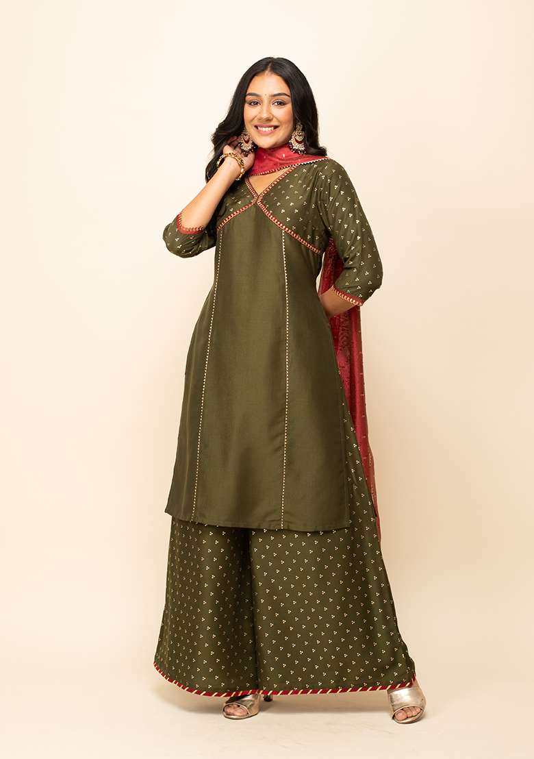 Green Solid Silk Blend Kurta Set - Indya