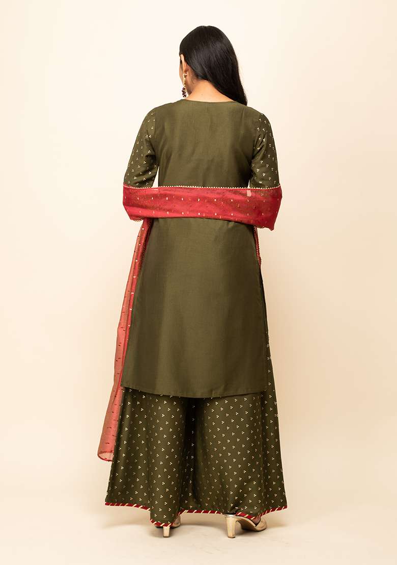 Green Solid Silk Blend Kurta Set - Indya
