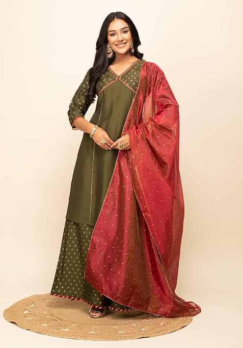 Green Solid Silk Blend Kurta Set