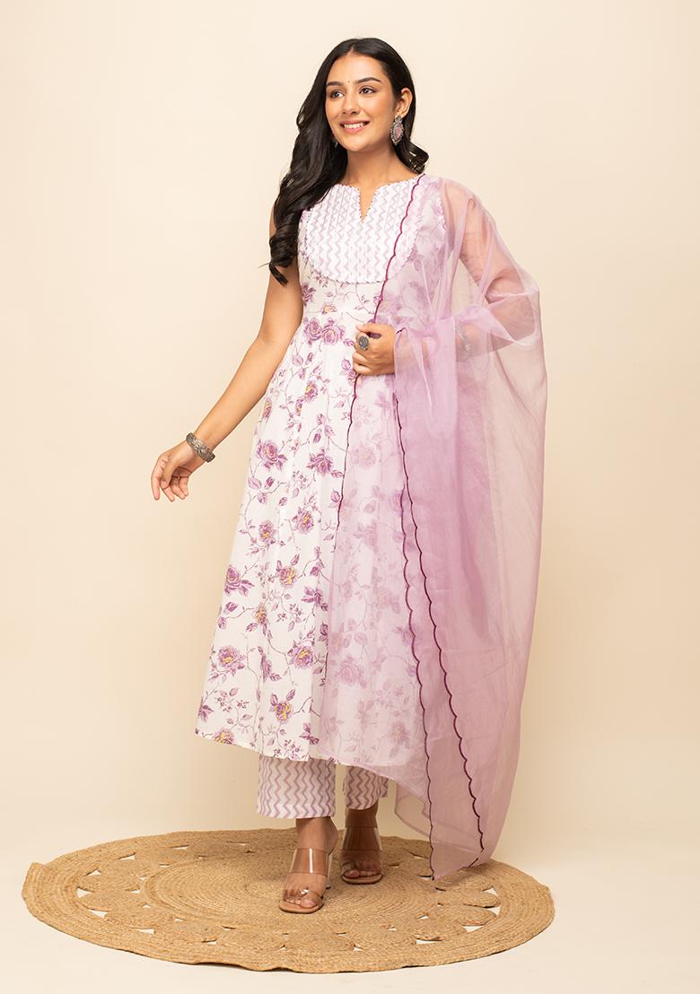 White Printed Cotton Kurta Set