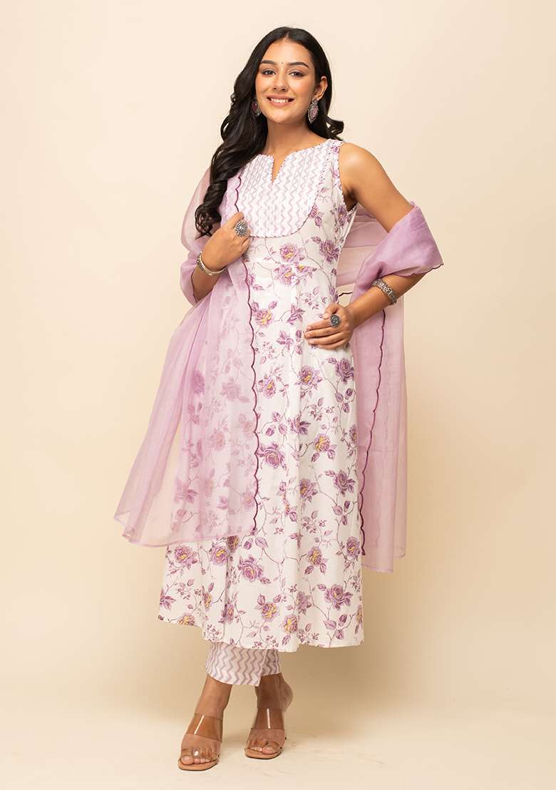 White Printed Cotton Kurta Set - Indya