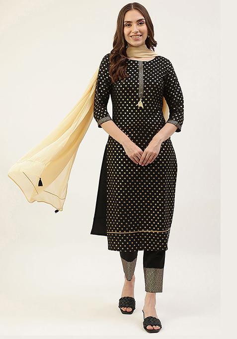 Black Printed Crepe Kurta Set