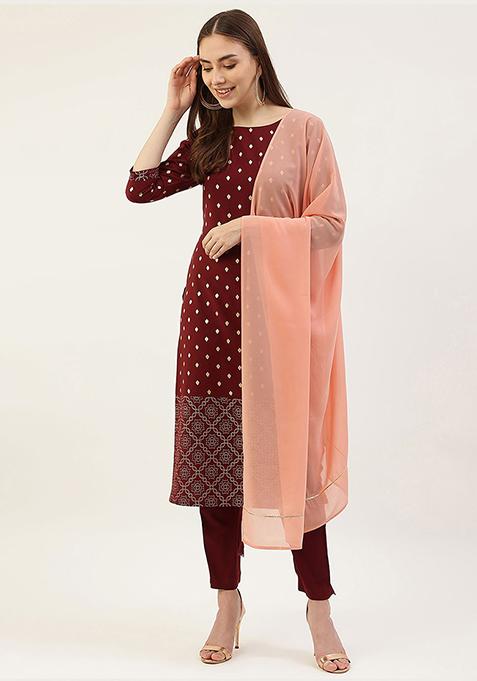 Wine Printed Crepe Kurta Set