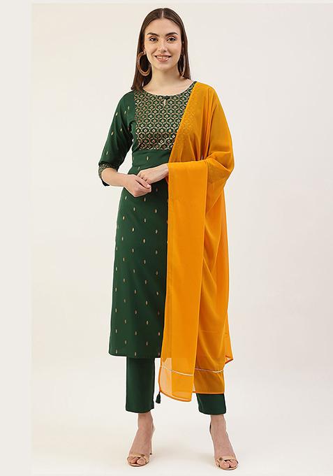 Green Printed Crepe Kurta Set