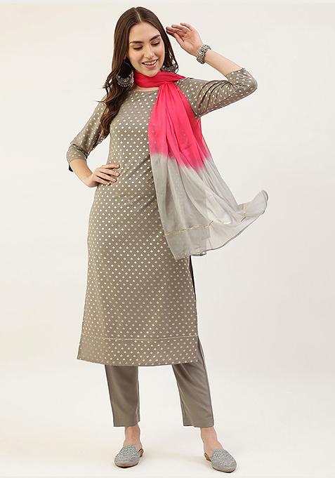 Grey Printed Crepe Kurta Set