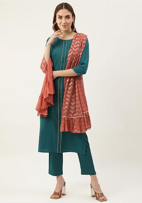 Teal Solid Crepe Kurta Set