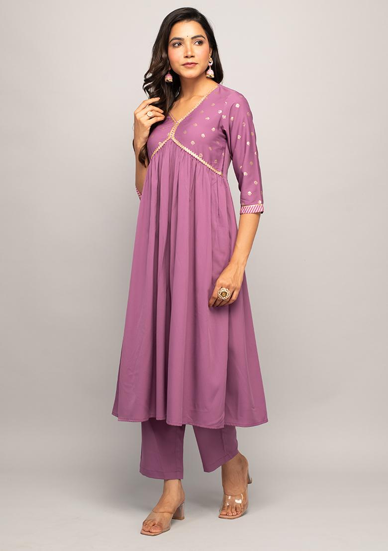 Purple Printed Crepe Kurta Set