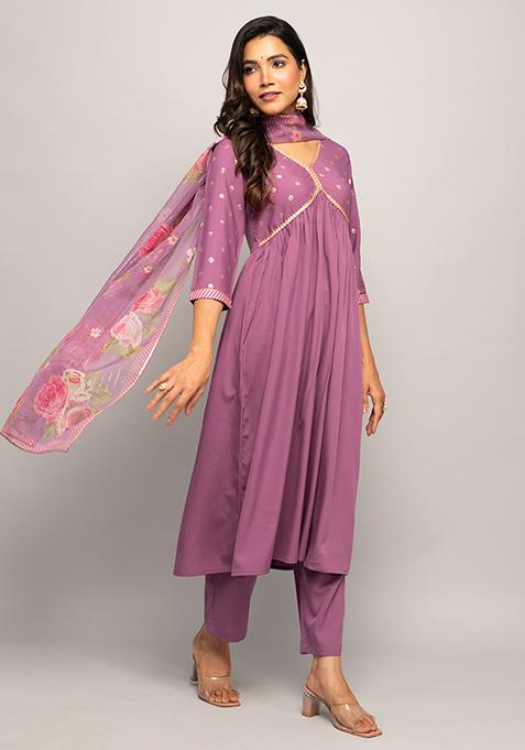 Purple Printed Crepe Kurta Set