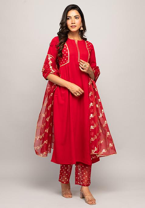 Red Printed Crepe Kurta Set