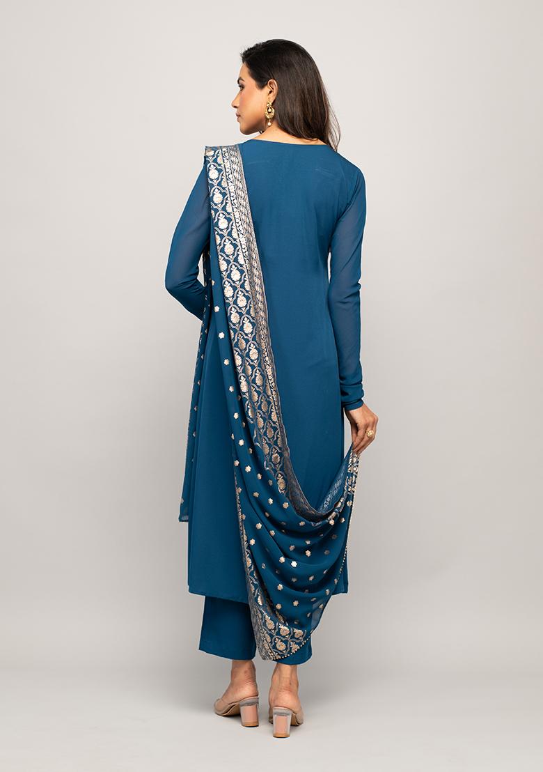 Teal Blue Printed Crepe Kurta Set