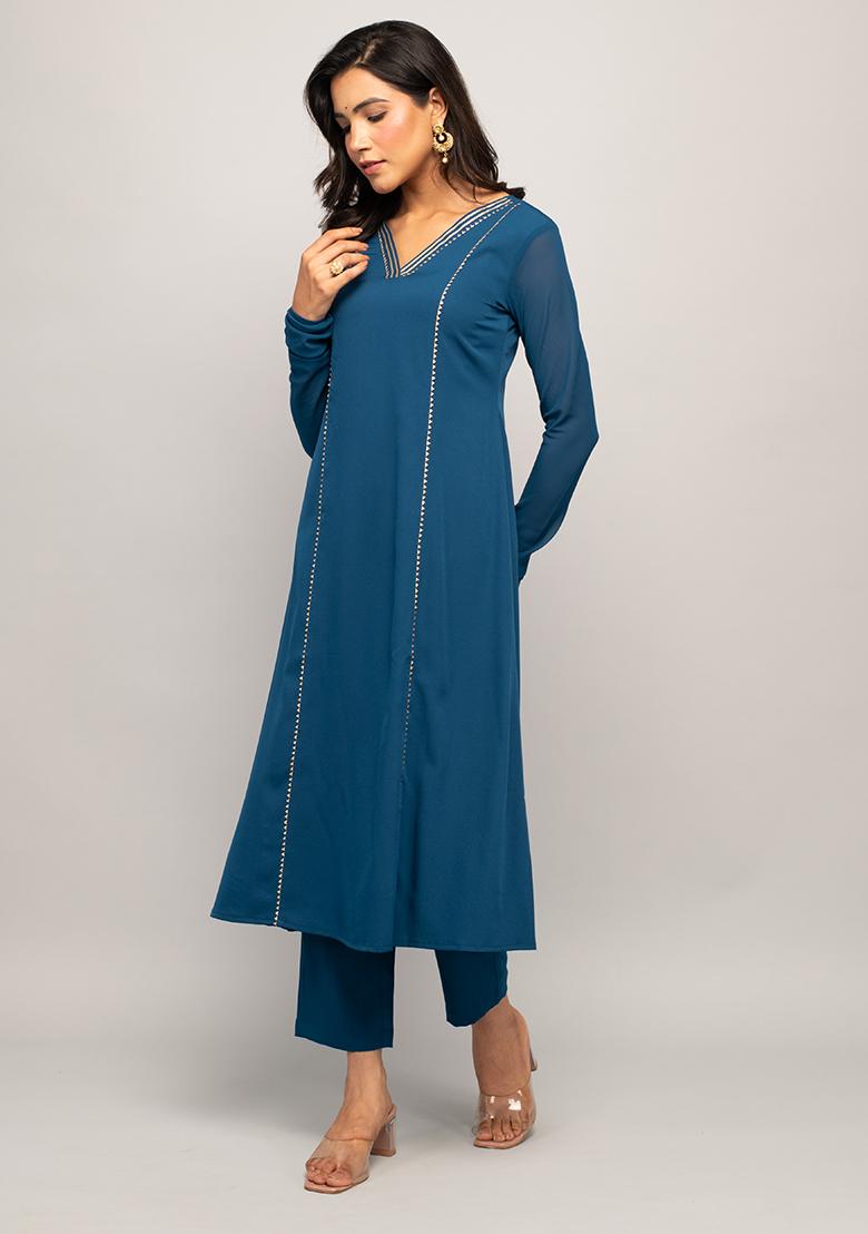Teal Blue Printed Crepe Kurta Set