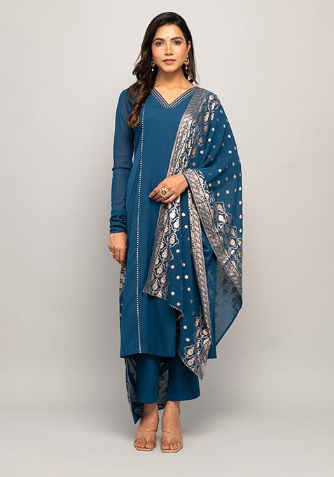 Teal Blue Printed Crepe Kurta Set