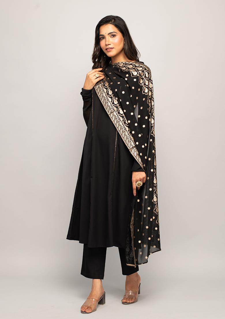 Black Printed Crepe Kurta Set
