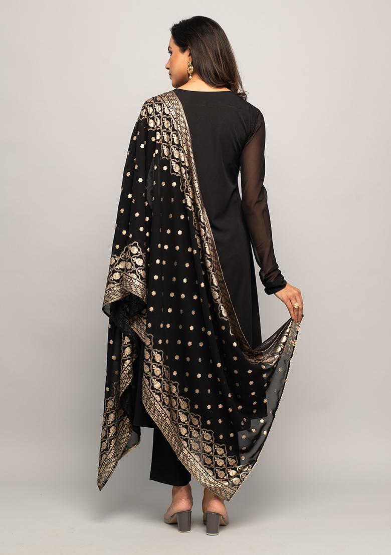 Black Printed Crepe Kurta Set