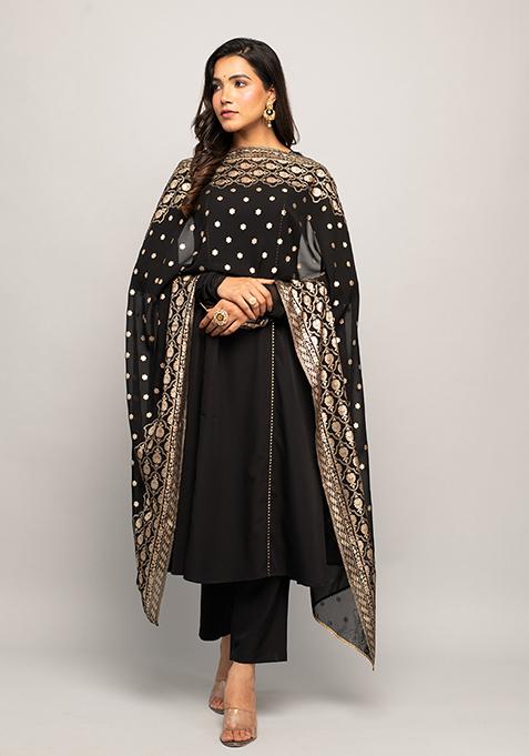 Black Printed Crepe Kurta Set