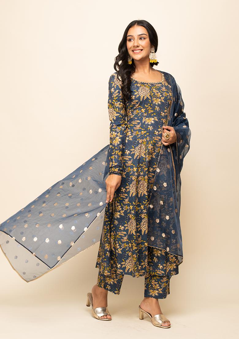 Blue Printed Cotton Kurta Set