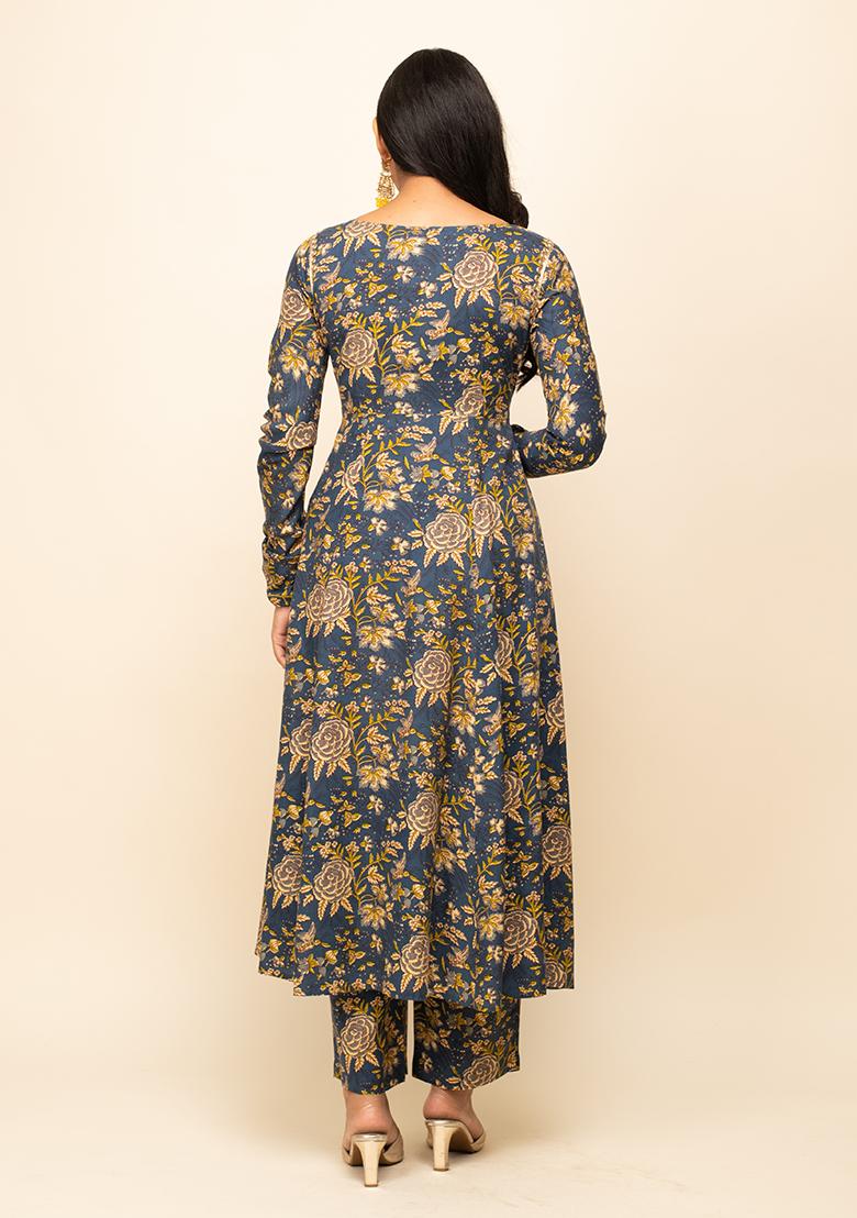 Blue Printed Cotton Kurta Set