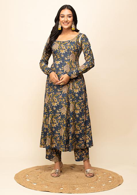 Blue Printed Cotton Kurta Set