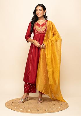 Red Solid Silk Blend Kurta Set