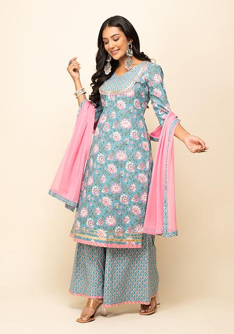 Grey Printed Cotton Kurta Set