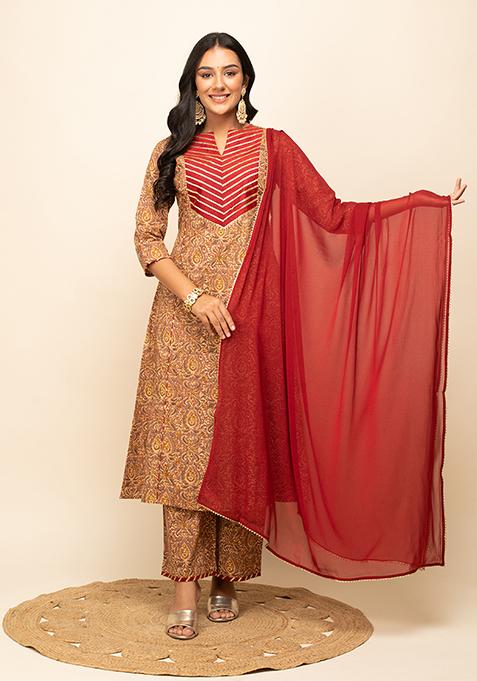 Brown Printed Cotton Kurta Set