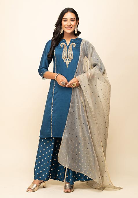 Blue Printed Silk Blend Kurta Set