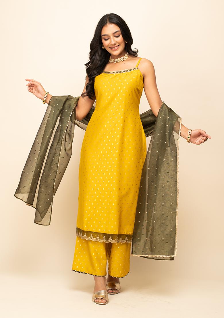 Yellow Printed Silk Blend Kurta Set