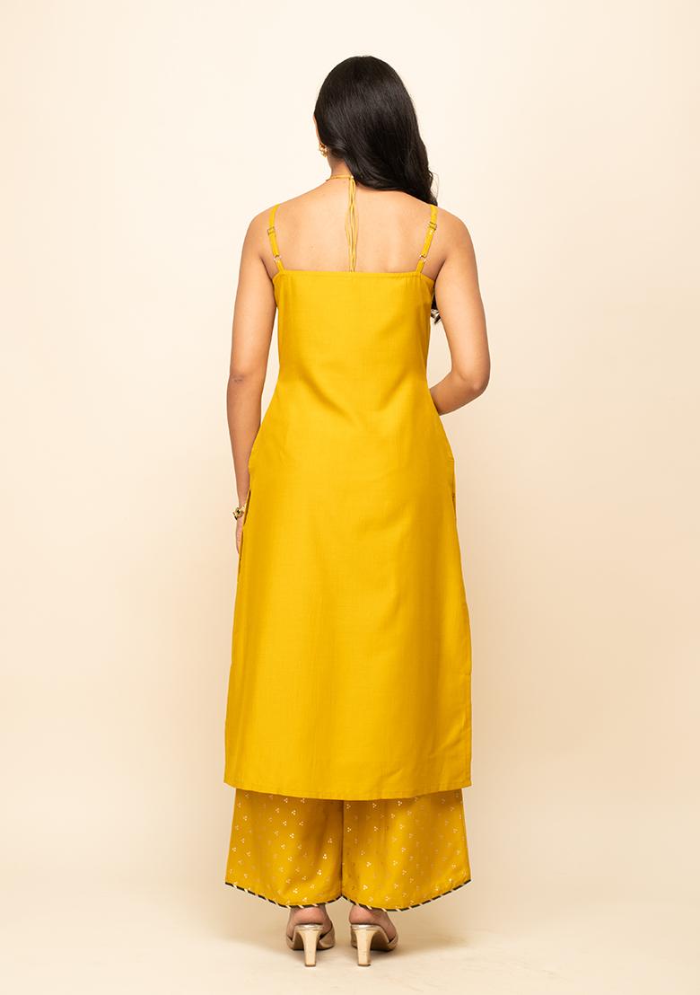 Yellow Printed Silk Blend Kurta Set