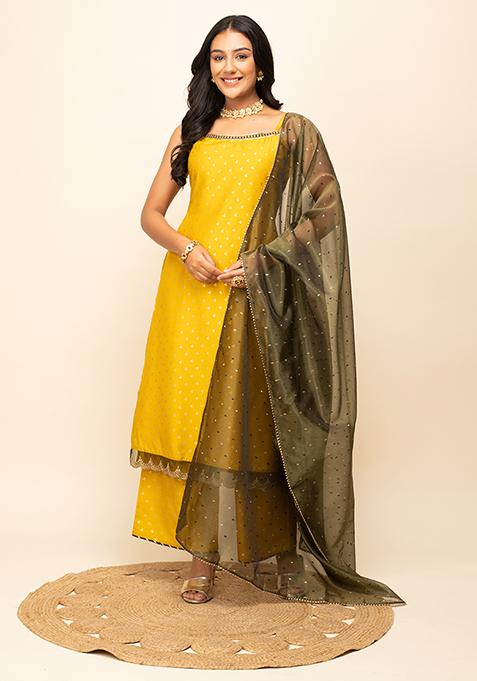 Yellow Printed Silk Blend Kurta Set