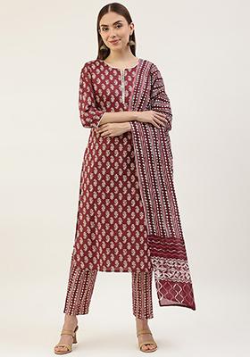 Wine Printed Cotton Kurta Set