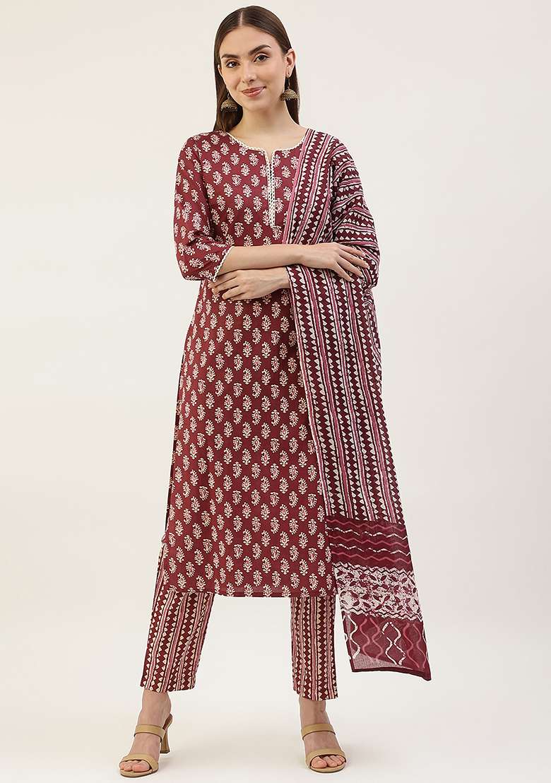 Wine Printed Cotton Kurta Set - Indya