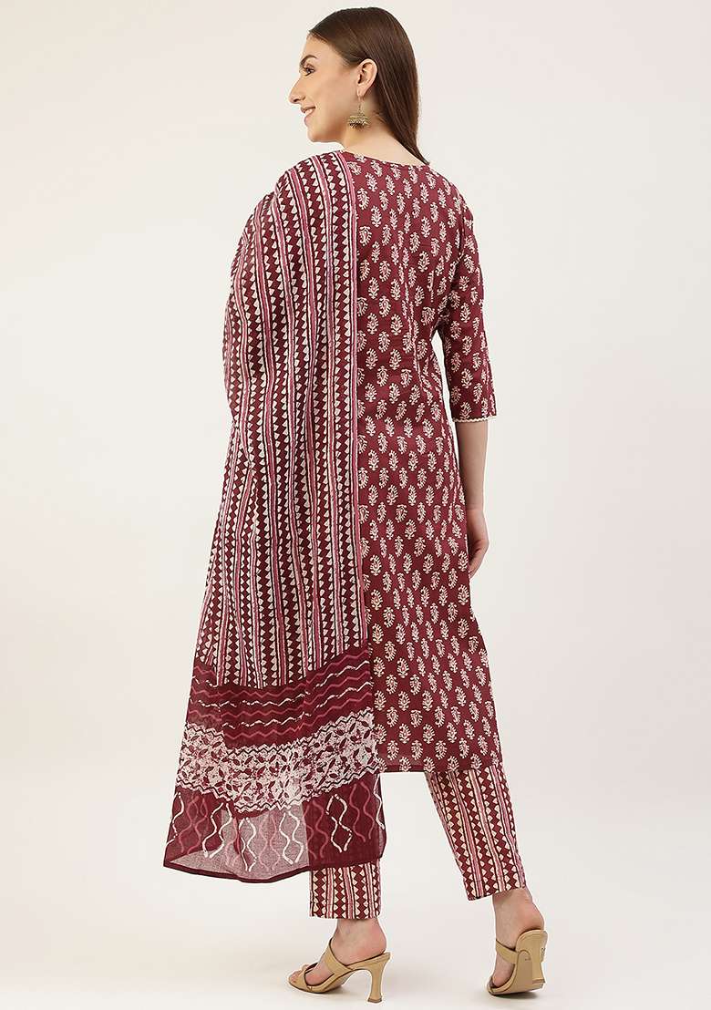 Wine Printed Cotton Kurta Set - Indya