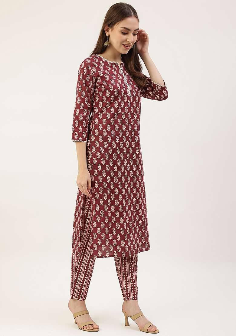 Wine Printed Cotton Kurta Set - Indya
