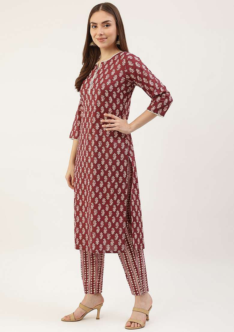 Wine Printed Cotton Kurta Set - Indya