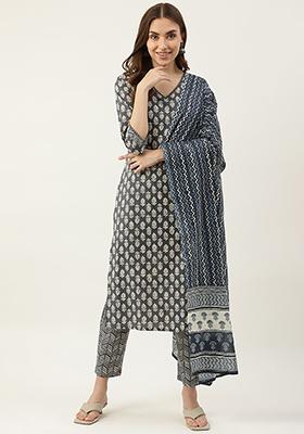 Grey Printed Cotton Kurta Set