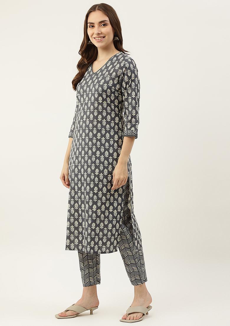 Grey Printed Cotton Kurta Set