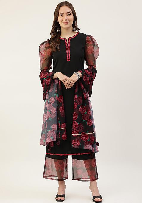 Black Printed Poly Crepe Kurta Set