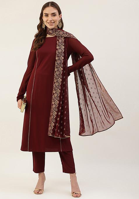 Maroon Printed Poly Crepe Kurta Set