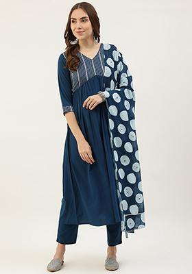 Teal Printed Poly Crepe Kurta Set