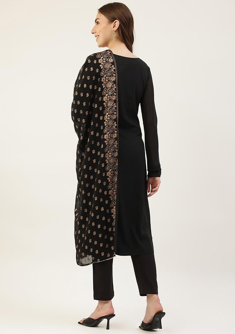 Black Printed Poly Crepe Kurta Set