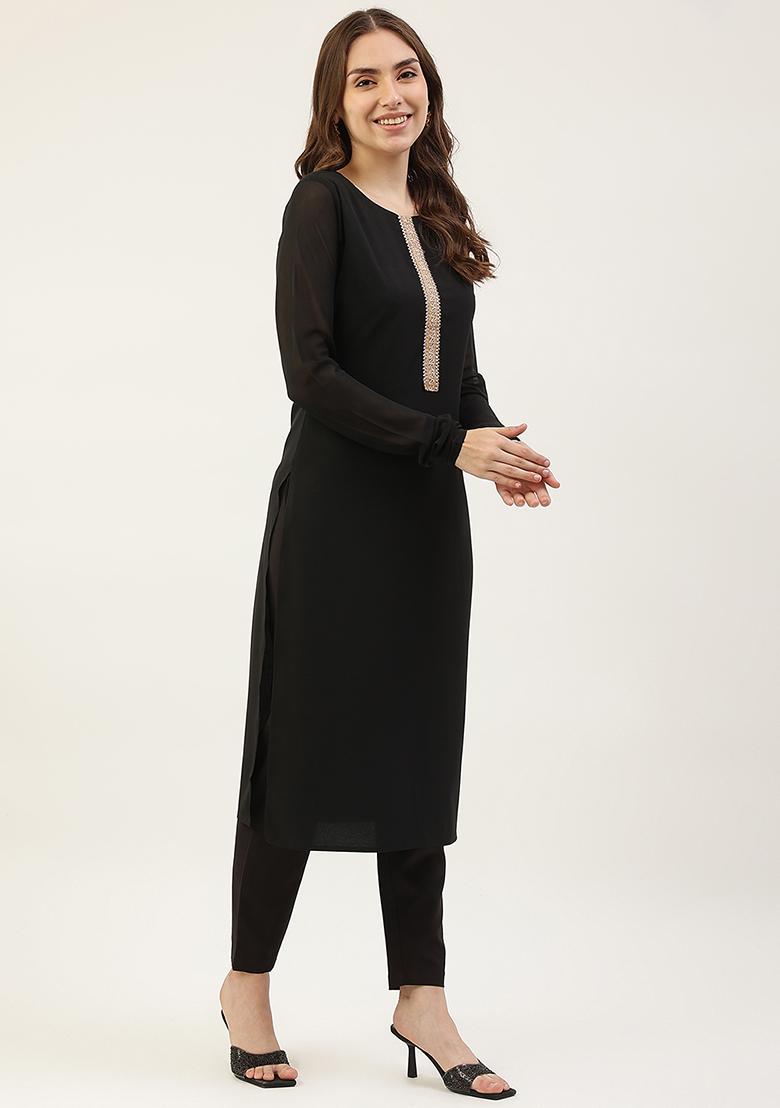 Black Printed Poly Crepe Kurta Set